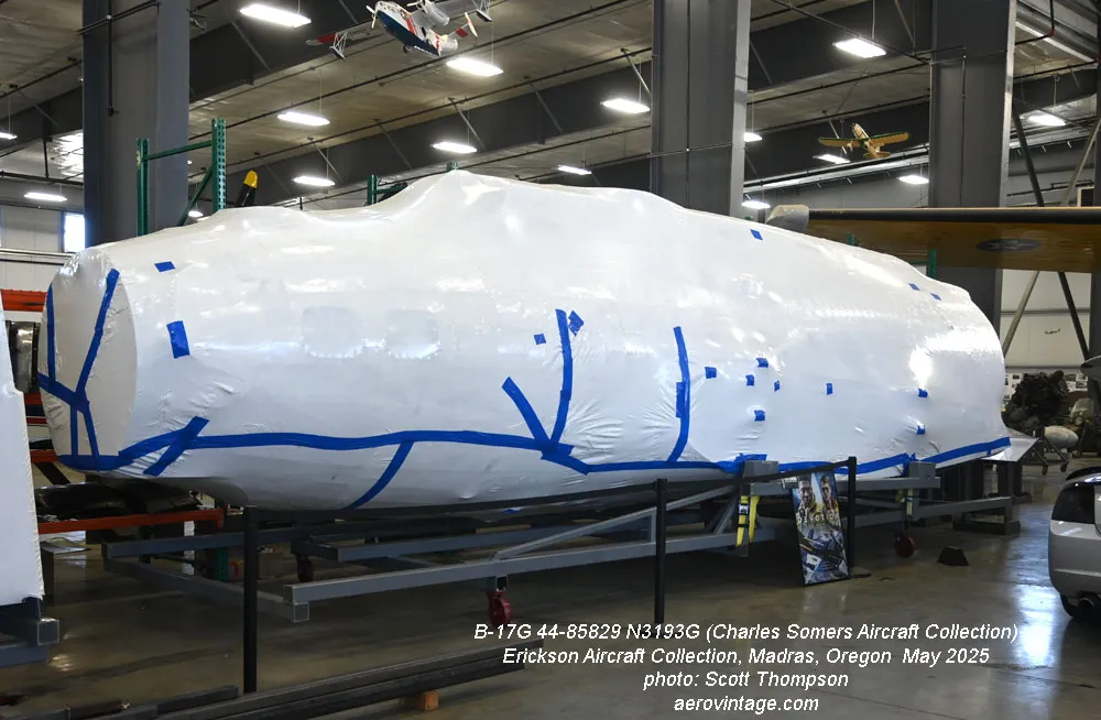 B-17 Restoration Progress Report From the Erickson Aircraft Collection 19 The fuselage of 44 85829 remains prepared for shipment to New Zealand and is shown here awaiting transport in the Erickson hangar