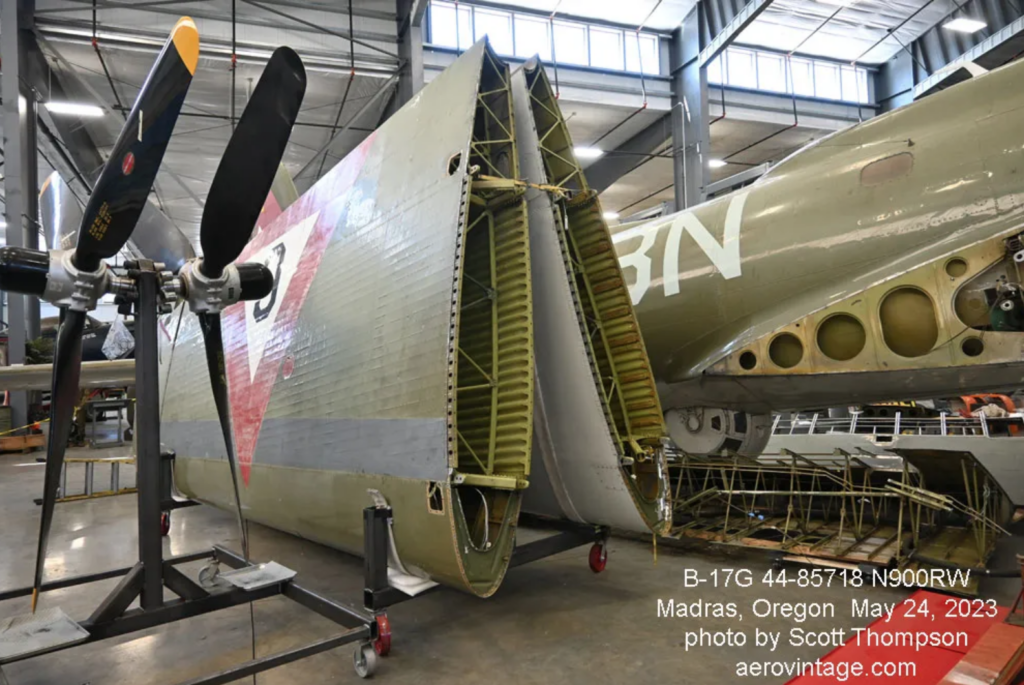 B-17G Flying Fortress ‘Thunderbird’ – Restoration Update – June 2023 12 The outer wing panels and two propellers are seen in storage in the May 2023 view.