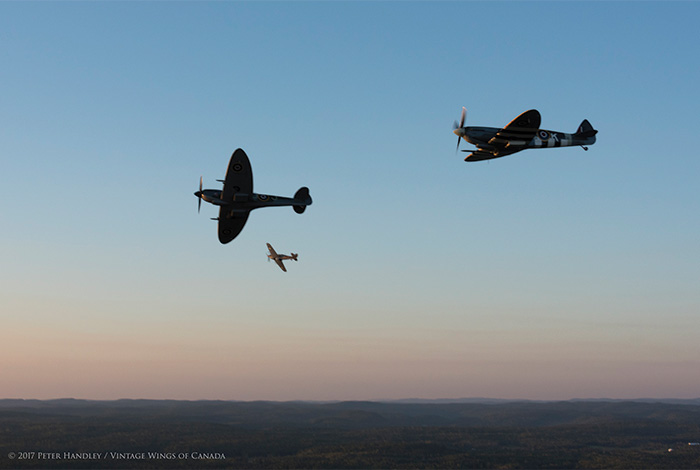 A sunset Mission to Honor the Canadians in The Battle of Britain 18 The overhead break begins with Erdos from an echelon left formation. Photo: Peter Handley, Vintage Wings of Canada