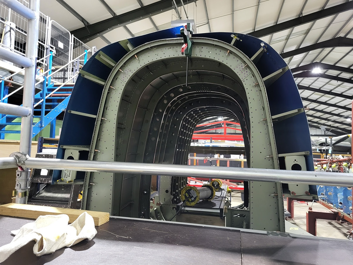 Avro Lancaster B.VII NX611 ‘Just Jane’ – Restoration Update 250 13 The rear fuselage turret wind deflector structure is taking shape this image shows the ribs pinned in place and the skins being prepped