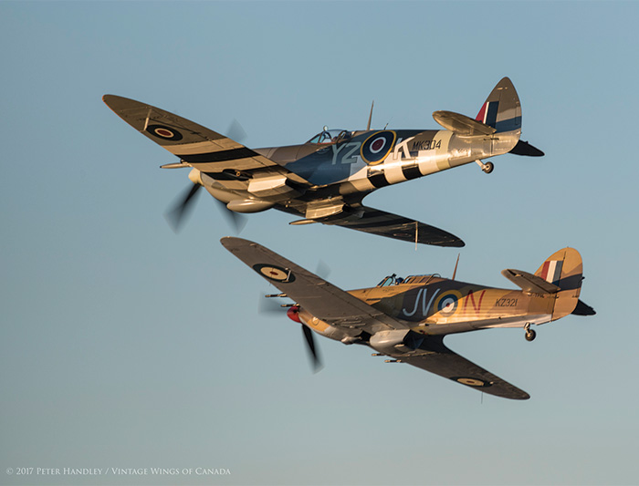 A sunset Mission to Honor the Canadians in The Battle of Britain 17 The sun now lights up the underside of the fighters as they head towards its setting orb. Photo: Peter Handley, Vintage Wings of Canada