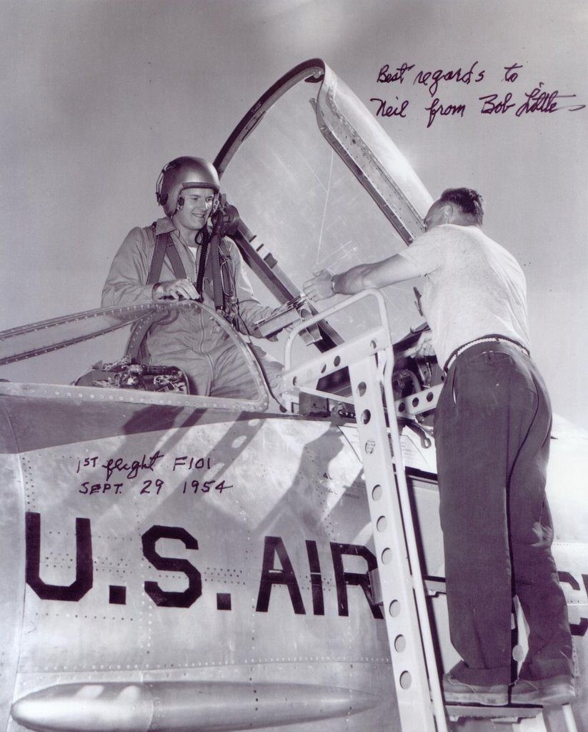 Today in Aviation History - First Flight of The McDonnell F-101 Voodoo 11 This is an autographed photo of test pilot Robert C. Little standing in the cockpit of the McDonnell F 101A Voodoo 53 2418 after its first flight 29 September 1954