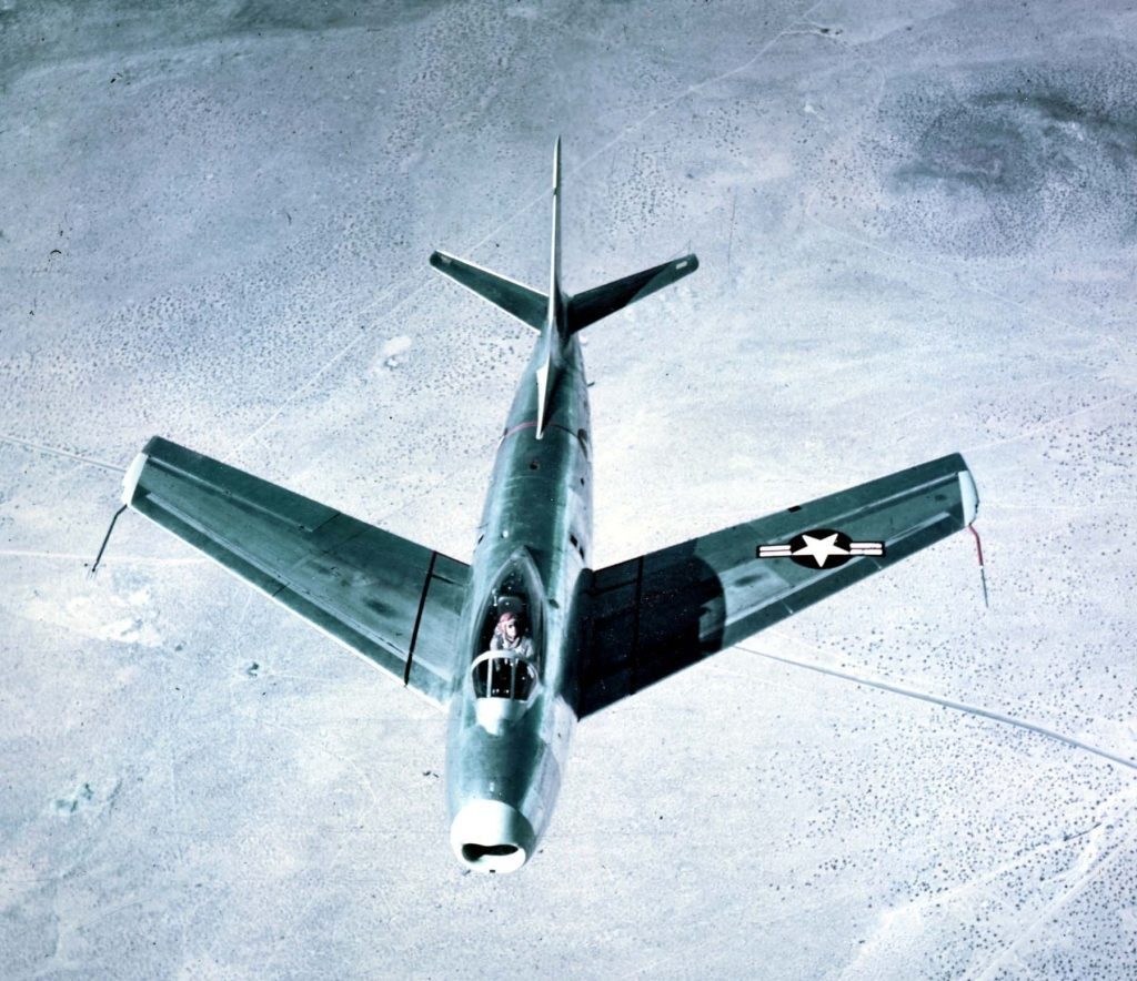 Today In Aviation History - First Flight of The F-86 Sabre 12 This photograph of the XP 86 shows the 35° wing sweep. Test pilot George S. Welch wearing his distinctive orange helmet in the cockpit of the prototype XP 86