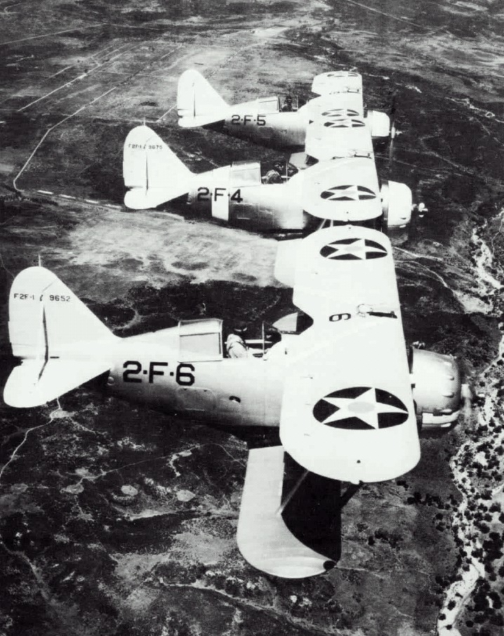 Raised From the Pacific: The Story of General Galer’s Grumman F3F “Flying Barrel" 13 Three Grumman F2F 1 fighters of U.S. Navy fighter squadron VF 2 assigned to the aircraft carrier USS Lexington CV 2 in flight in the 1930s