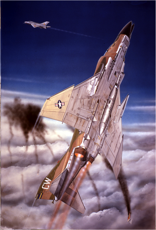 General 'Earthquake' Titus to Recreate Final USAF Mustang Flight 15 An artists impression of one of General Titus's three MiG-21 kills over Viet Nam.