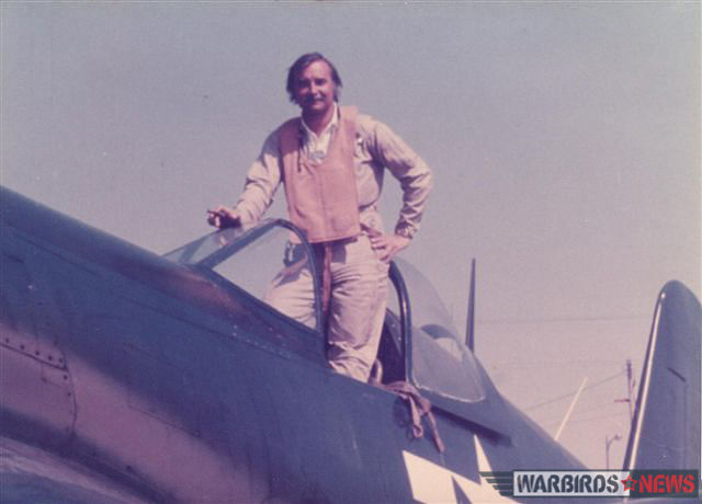 POOR LITTLE LAMBS - The Corsairs of Baa Baa Blacksheep 57 Tom Friedkin with his cigar standing in the cockpit of his Corsair on set. (photo by Dan Friedkin)