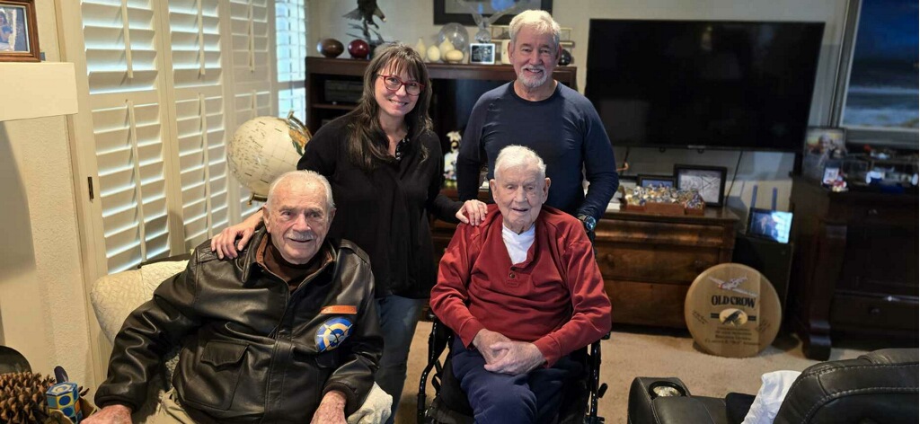 WWII P-51 Pilots Meet and Share Historic Flying Stories 12 Triple Ace Brigadier General CE Bud Anderson 102 years old hosted Colonel Joe Peterburs