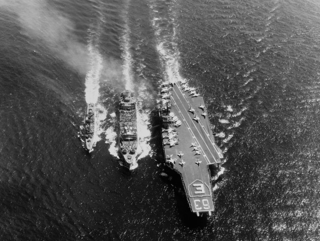 Last Cruise For The USS Kitty Hawk 14 USS Kitty Hawk CVA 63 and USS Turner Joy DD 951 refueling from USS Kawishiwi AO 146 on 23 April 1964