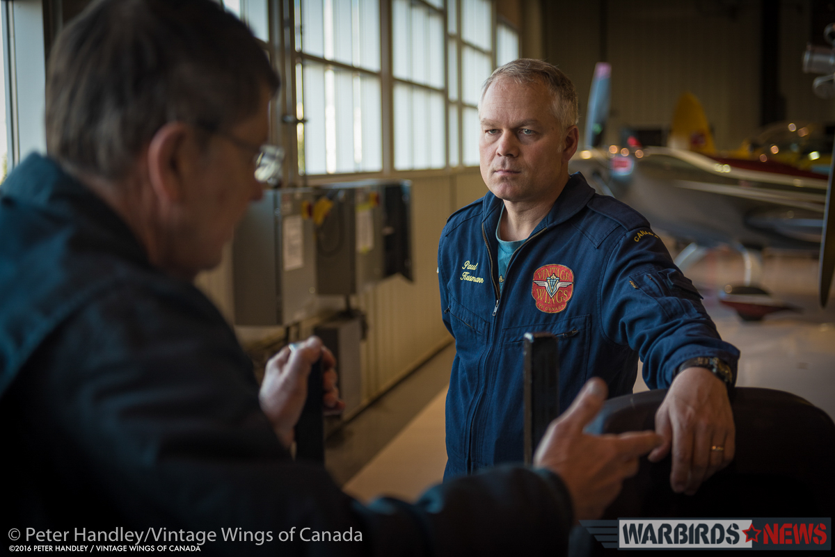 Vintage Wings of Canada Corsair - Interview With Test Pilot Paul Kissman 12 Paul Kissman discusses the flight with fellow veteran test pilot John Aitken. (photo by Peter Handley)