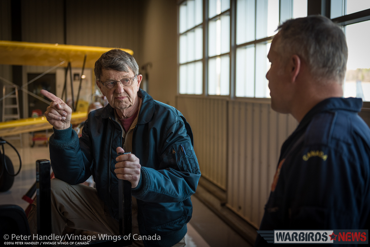 Vintage Wings of Canada Corsair - Interview With Test Pilot Paul Kissman 24 John Aitken (l) and Paul Kissman (r) in discussion back in the Vintage Wings hangar after the flight. (photo by Peter Handley)