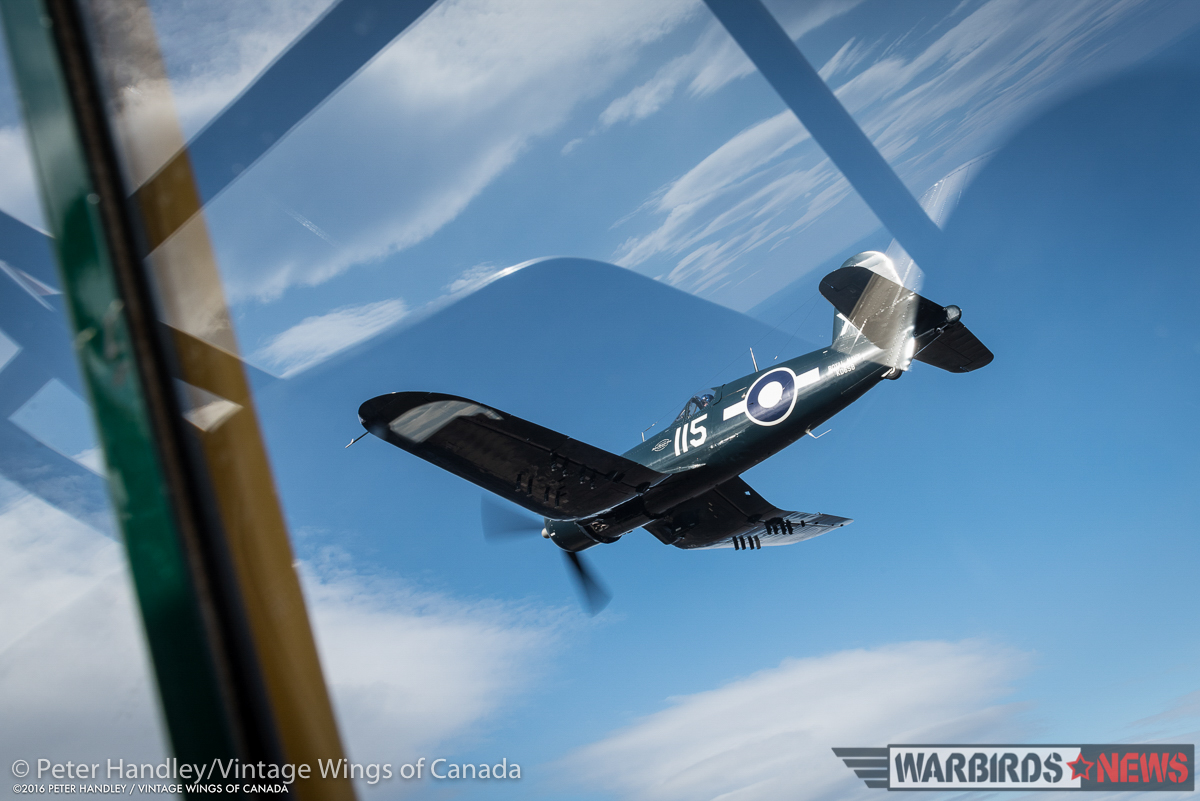 Vintage Wings of Canada Corsair - Interview With Test Pilot Paul Kissman 16 A view from inside the Harvard as John Aitken pulls her in beside the Corsair. (photo by Peter Handley)