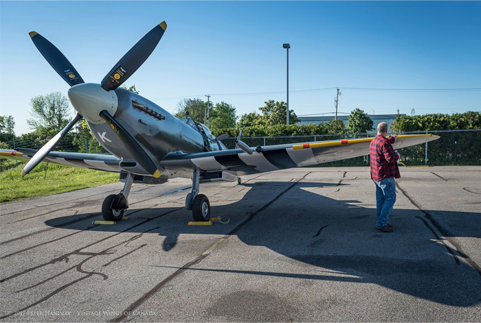 The First Flight of the Roseland Spitfire 13 After a restless night, Vintech Aero aircraft structures wizard Ken Wood continues to stress about the upcoming flight. Wood has personally built the wings from the spars up and oversaw the completion of the build project. The fuselage was largely completed by Vintech Aero’s team in Comox with ground work laid by Comox volunteers and staff. Photo: Peter Handley, Vintage Wings of Canada