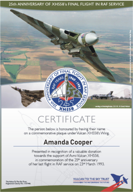 Fundraising for Avro Vulcan XH558's New Home 15 Vulcan XH558 donor certificate