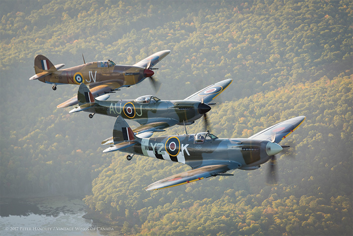 A sunset Mission to Honor the Canadians in The Battle of Britain 13 As the sun headed to the horizon, the lighting got better and better. Handley captures the formation at is absolute best—perfectly spaced. You could draw a straight line from Potter's wingtip to Aitken's and then to Erdos'. Photo: Peter Handley, Vintage Wings of Canada