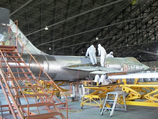 Former JASDF F-104J Starfighter Restored in Japan 11 574 undergoing treatment inside Hangar 4 on Chitose Air Base. (photo JASDF Chitose Air Base)
