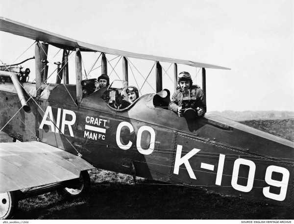Britain from Abobe, New Exhibition at the RAF Museum 11 Francis Lewis Wills, Jerry Shaw and Claude Friese-Greene in a DH9B biplane, July 1919. ( © English Heritage. Aerofilms Collection)