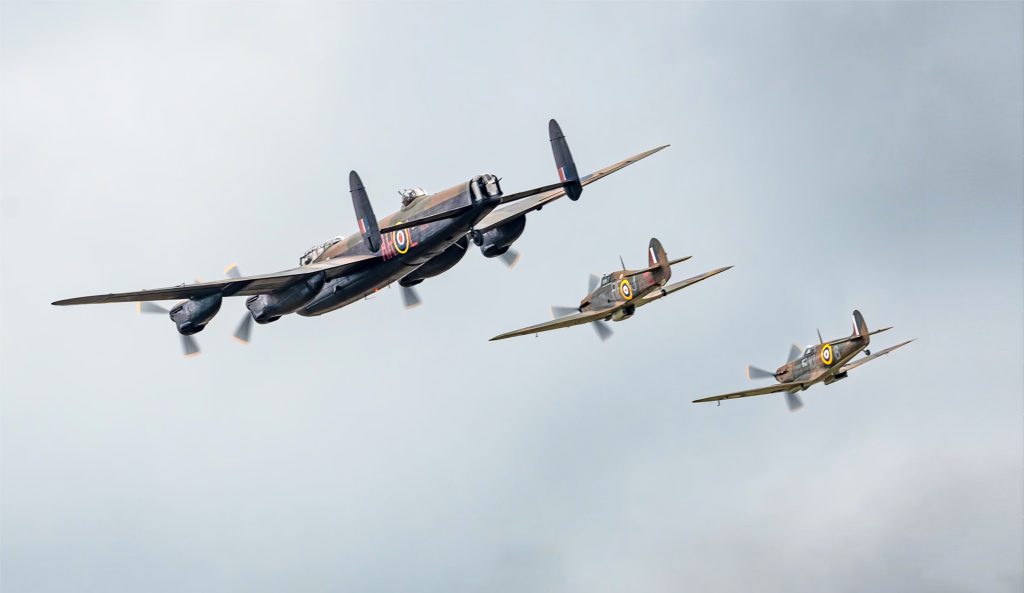 Battle of Britain Memorial Flight Receives 2025 Public Display Authority 10 ancaster PA474 leads Hurricane Mk II LF363 and Spitfire IIa P7350