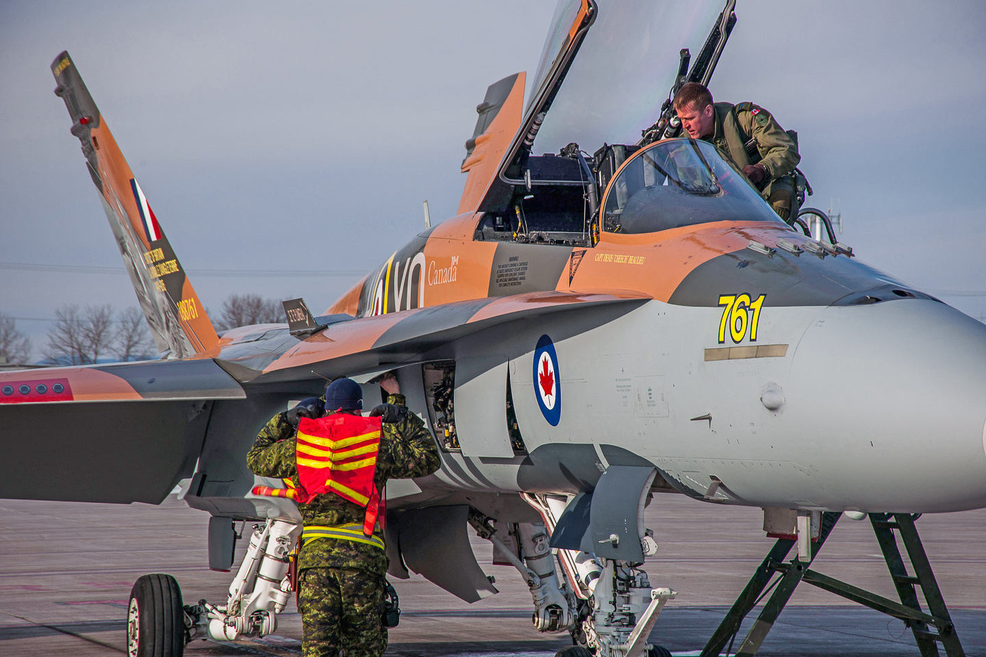 Battle of Britain - RAF/RCAF 75th Anniversary Schemes 16 The 2015 CF-18 Hornet Demonstration Aircraft flies over the Saguenay River on April 1st, 2015 near 3 Wing Bagotville, Saguenay, Qué. (Image: Canadian Armed Forces - LS Alex Roy, Atelier d'imagerie Bagotville.)