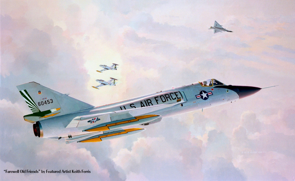 The Art of Aviation: A Docuseries to Follow 13 "Farewell Old Friends" - This painting by Keith Ferris depicts two Convair F-106A "Delta Darts" and two subsonic Lockheed T-33 "T-Birds" of the 49th Fighter Interceptor Squadron, Griffis AFB, New York, meeting in a 1986 training intercept high in the cloudscape above New York.