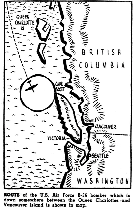 Today in Aviation History: First Broken Arrow Incident 15 feb 14 1950 map from the vancouver sun speculating on the