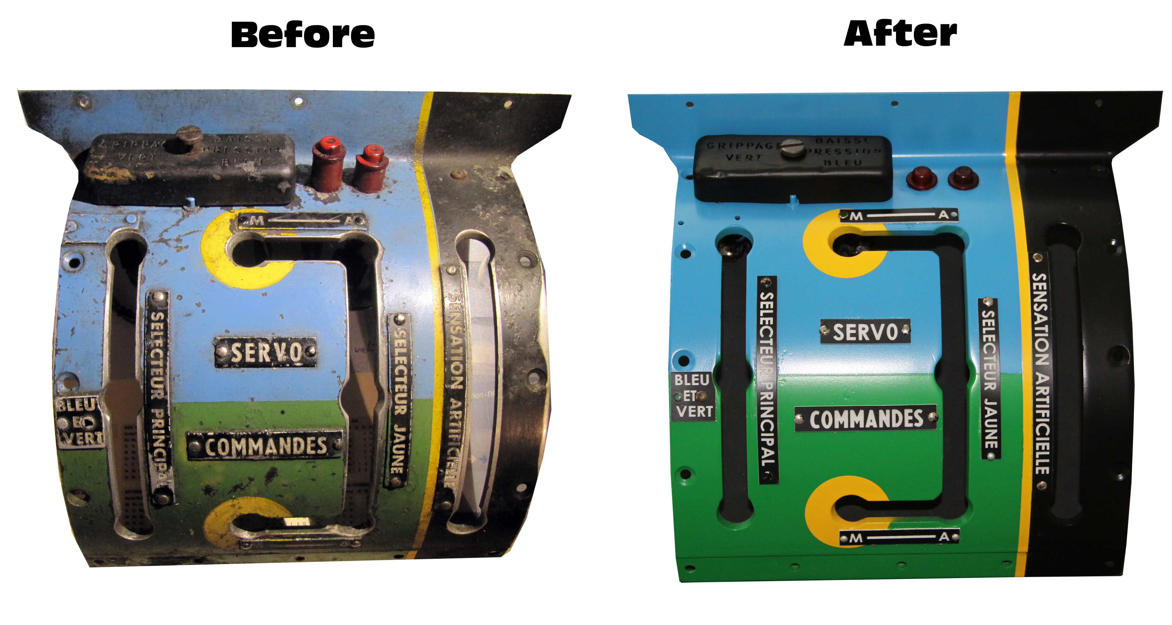 Sud Aviation Caravelle Cockpit Simulator 23 Before and after shots of restored cockpit controls. (photo via Nils Andersson)