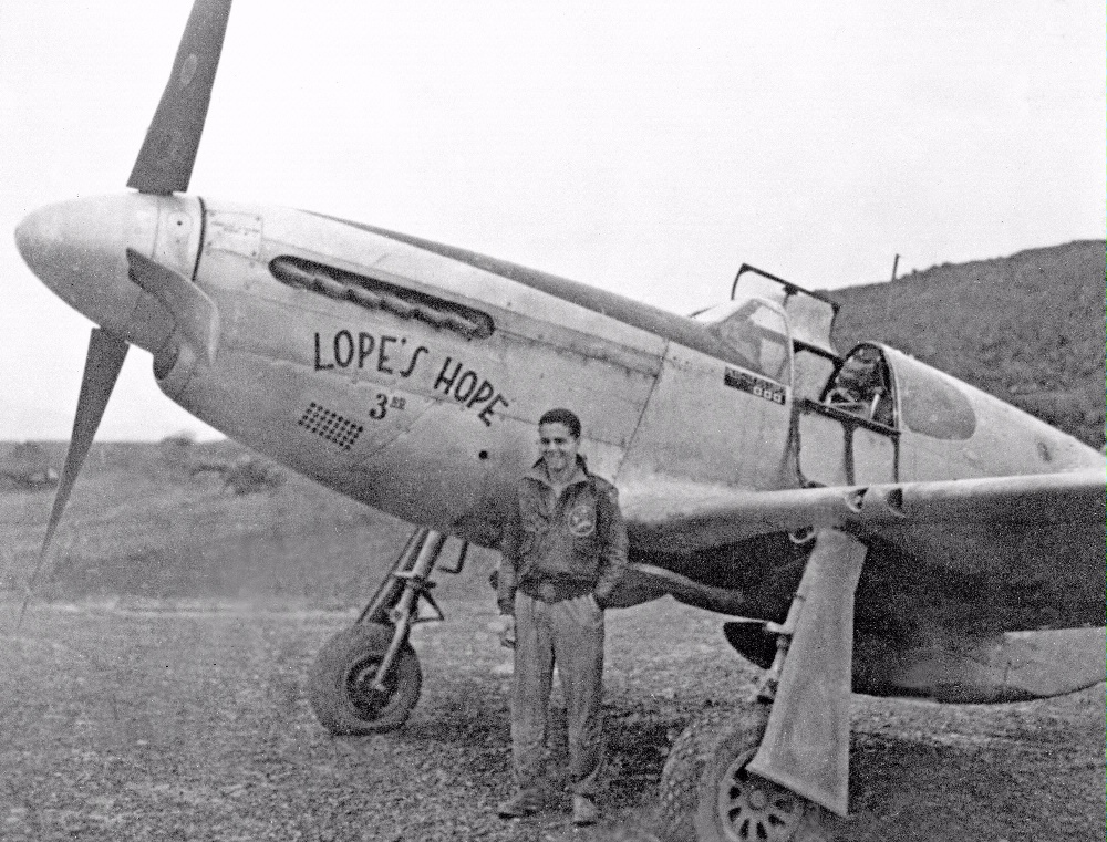 Texas Flying Legends P-51C Restoration Report 10 Don Lopez standing in front of his P-51C Mustang "Lope's Hope 3rd" in the CBI during WWII. (photo via AirCorps Aviation)