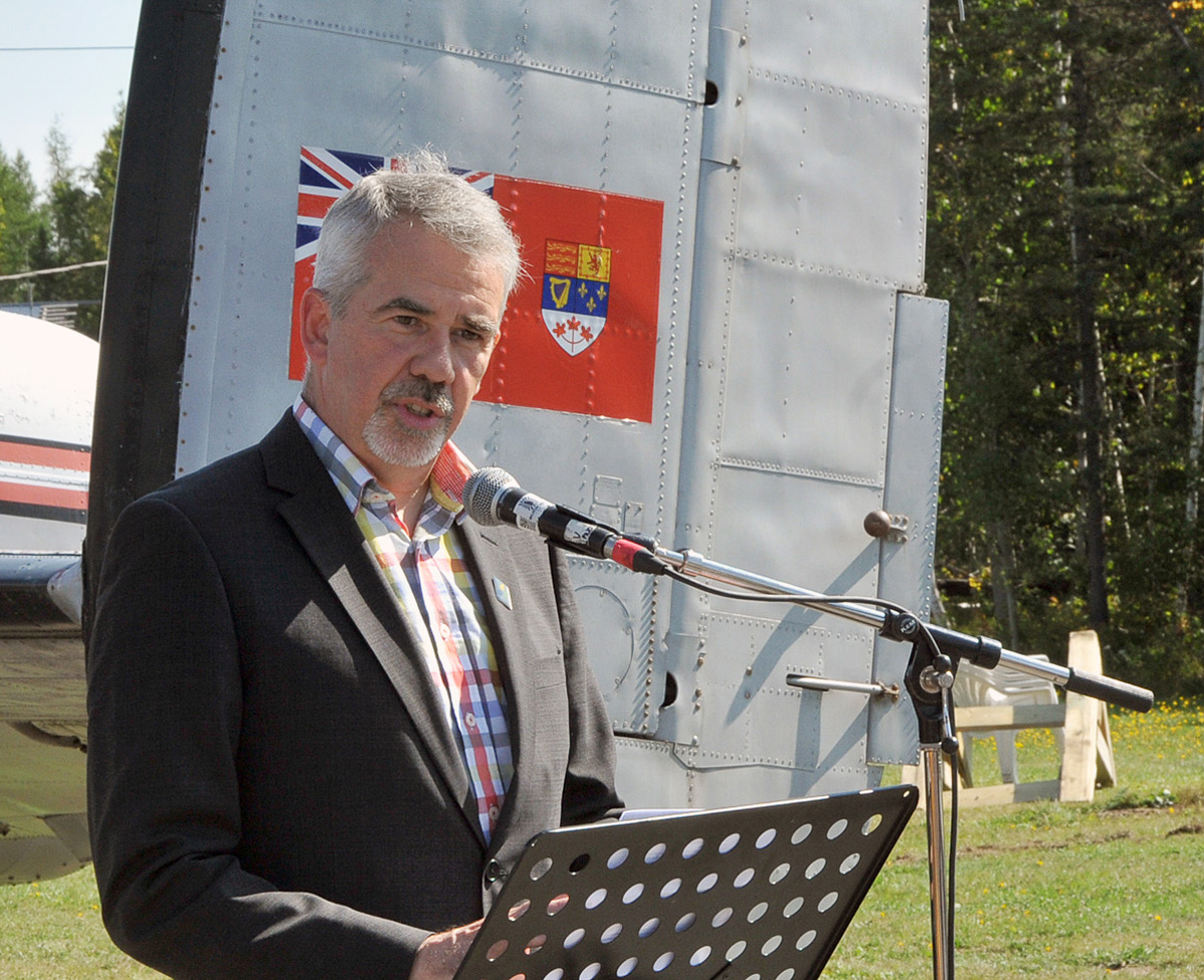 Lancaster KB882 Safely At Her New Home 16 Cyrille Simard, mayor of the city of Edmundston, speaks to the audience during the transfer of KB882’s ownership from the city to the National Air Force Museum of Canada. (Photo by Warrant Officer Fran Gaudet DND)