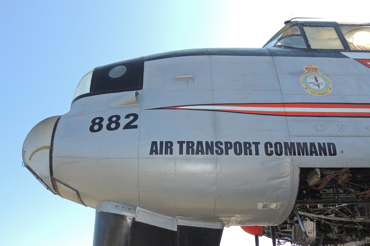 Lancaster KB882 Safely At Her New Home 11 Avro Lancaster KB882 still displays its 1964 paint scheme, the Air Transport Command name and the badge of its final squadron, 408 Squadron. You can see the short extension plug which lengthened the nose of the AR 10 variant. An observation window fairing replaced the nose turret in this variant as well. (photo by Joanna Calder, DND)