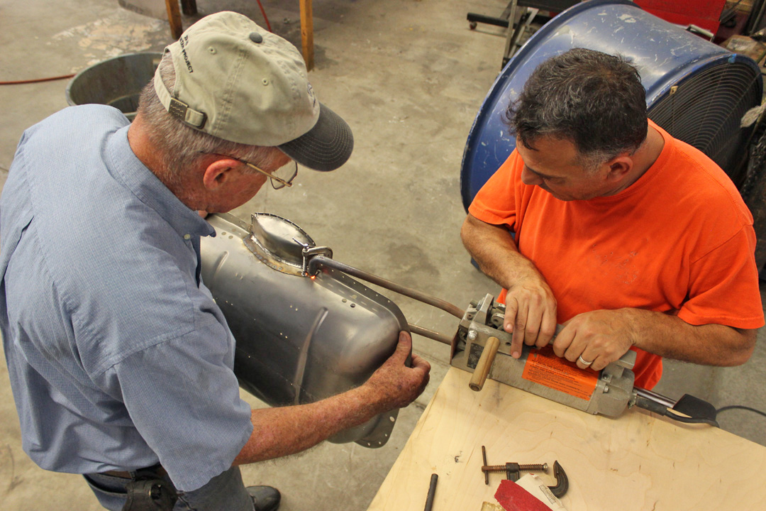 XP-82 Twin Mustang - June 2016 - Restoration Update 25 Spot-welding the modified dishpan. (photo via Tom Reilly)