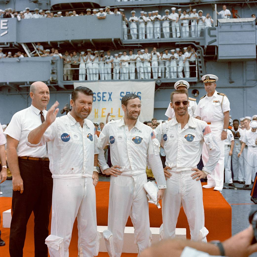 Today in Aviation History: Apollo 7 Launches NASA’s First Crewed Apollo Mission 15 the Apollo 7 crew is welcomed aboard the USS Essex