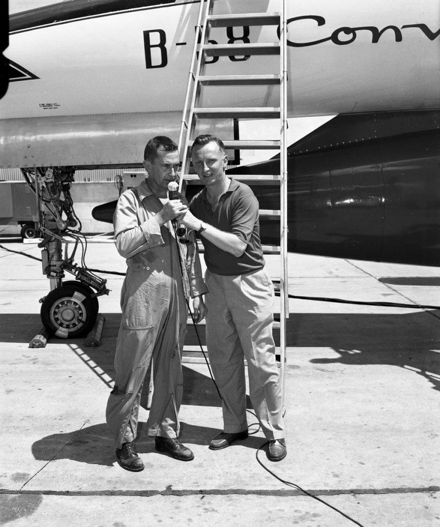 Today in Aviation History - First Flight of The Convair XB-58 10 “Pilot B.A. Erickson is interviewed by NBC after a flight as part of a B 58 Press Show Demonstration. July 10 1957″—Code One