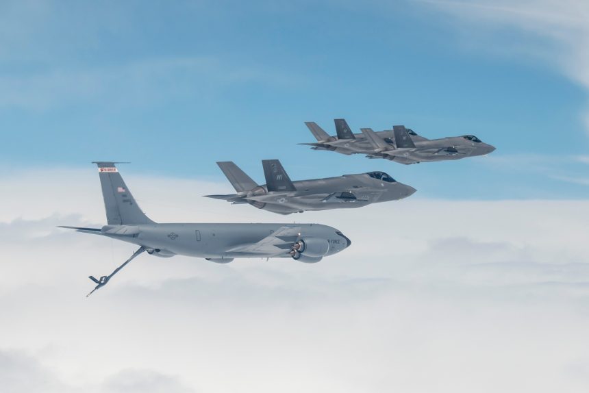 115th Fighter Wing F 35 Lightning II aircraft receiving fuel from a 128th Air Refueling Wing KC 135 Stratotanker