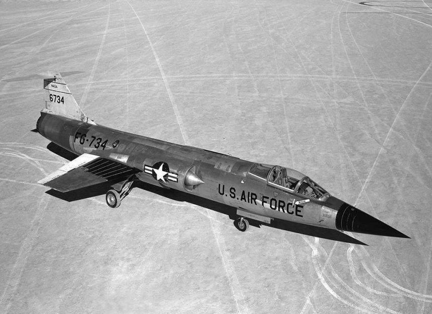 F-104A (56-0734) parked on Rogers Dry Lake at Edwards AFB, Calif.