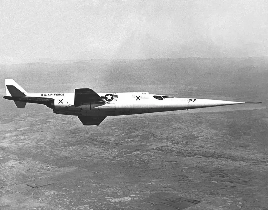 This in-flight NACA High-Speed Flight Station (now NASA’s Armstrong Flight Research Center in Edwards, California) photograph of the X-3 Stiletto illustrates the aircraft’s long slender fuselage and the small wings.