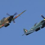 BMF Hurricane Mk II LF363 left and Spitfire PR Mk XIX PM631 right during a practice pairs display over RAF Coningsby on 2nd April 2025. Photo Lee Blake