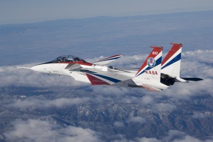 Antennas used for the Space-Based Range Demonstration and Certification project protrude from the top of NASA’s F-15B testbed during a research flight.