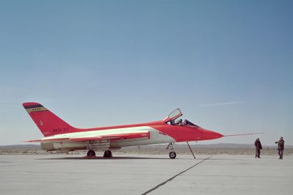 F5D-1 Skylancer #213 taxis in after a mission.
