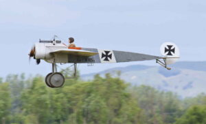Andrew Vincent takes flight in TVAL's first Fokker E.III reproduction. [Photo by Paul Le Roy]