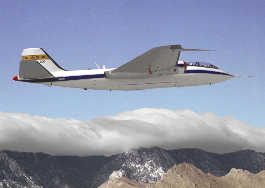 In this NASA Ames Dryden Flight Research Facility photograph taken in 1982 the B 57B Canberra is shown making atmospheric measurements near a mountain range