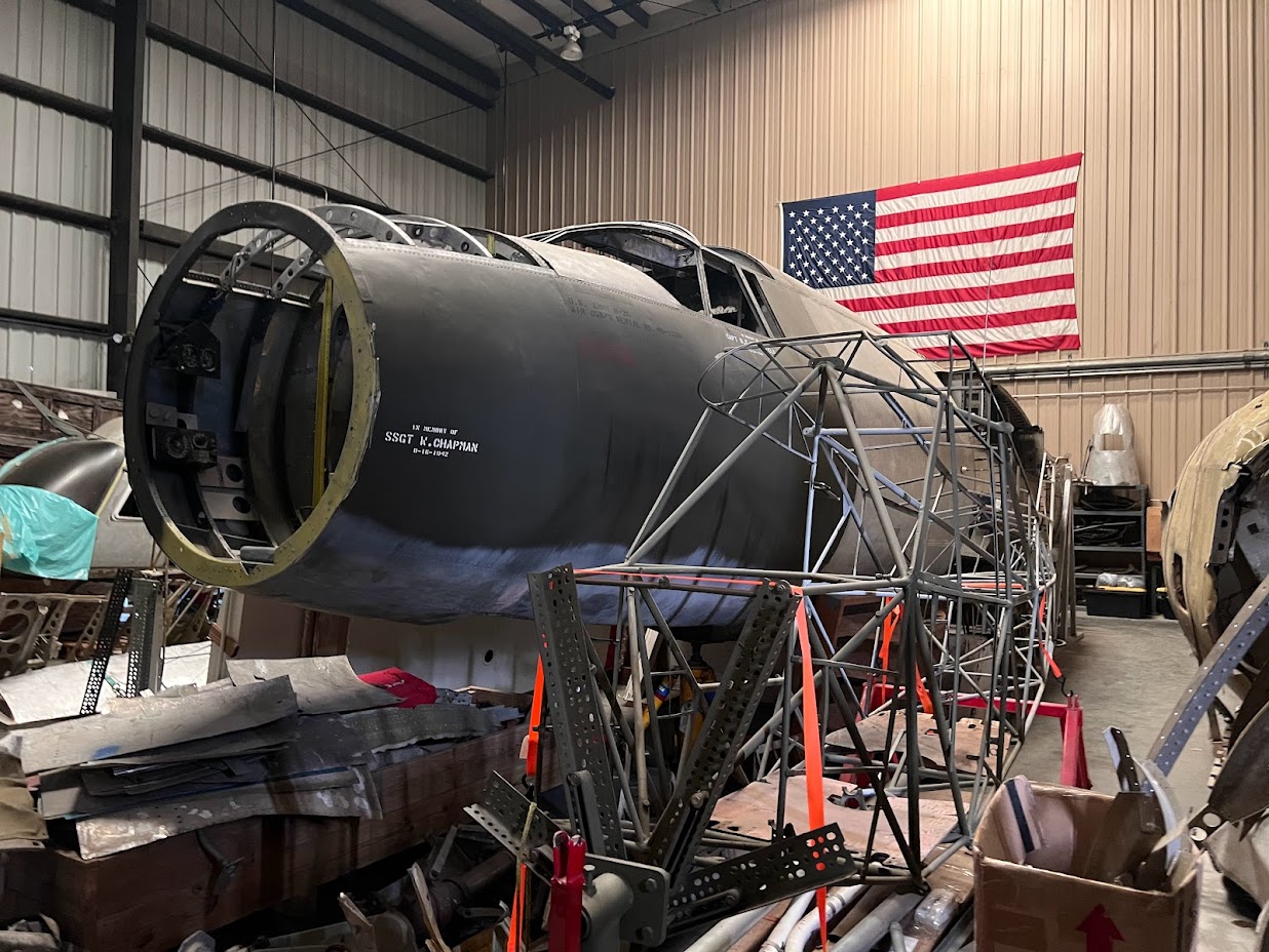 B-26 40-1370’s forward fuselage along with the frame of a Piper L-4