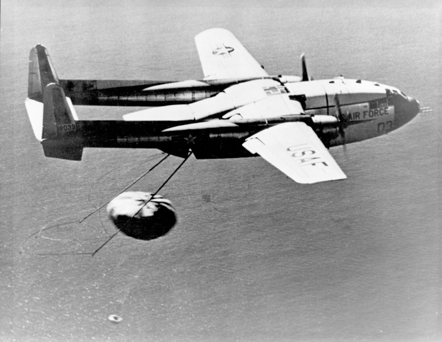 On August 19 1960 a USAF C 119J made the first midair recovery of a capsule returning from orbit