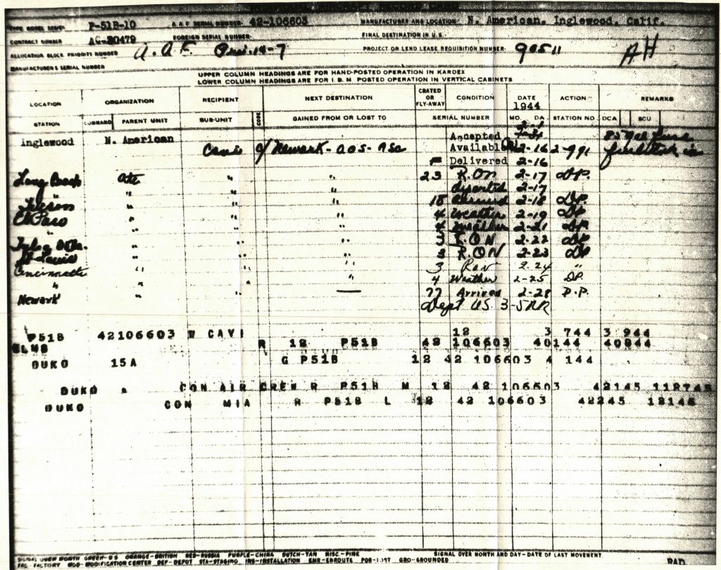 Documents from Lucy Gal's aircraft record card and Leland