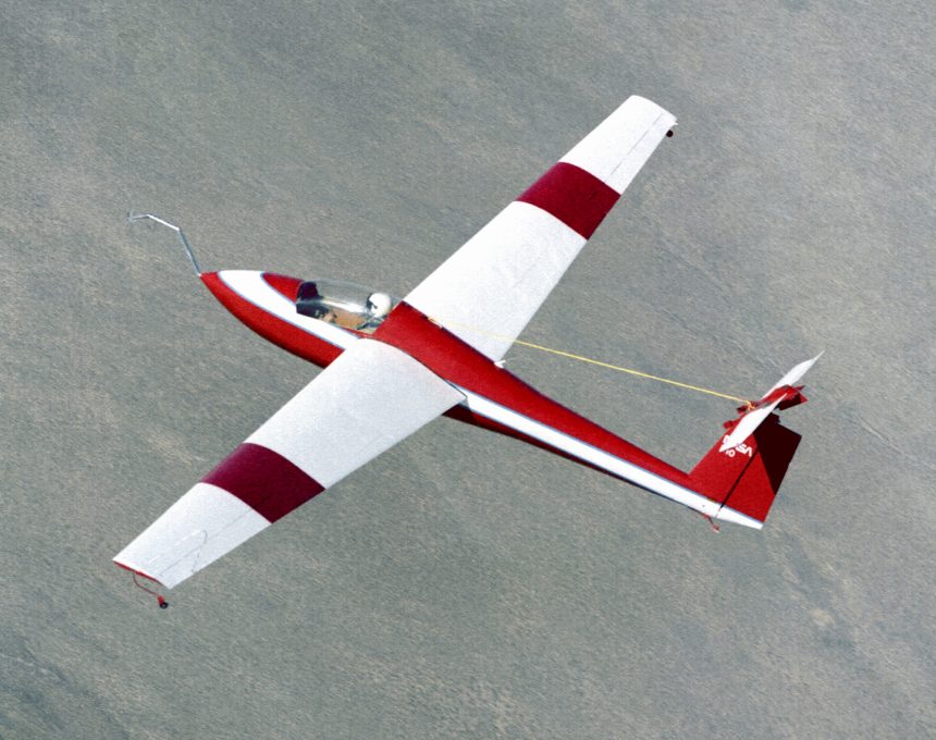 A Schweizer SGS 1-36 sailplane, used by NASA for a series of deep-stall research flights in the early 1980s, is shown here in flight over the Mojave Desert in California.