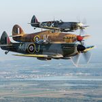 A sunset Mission to Honor the Canadians in The Battle of Britain 13 Swinging round to the west to complete the 360 degree turn. Photo Peter Handley Vintage Wings of Canada