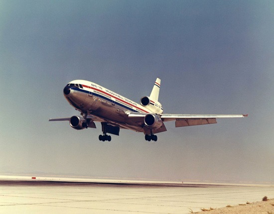 The prototype McDonnell Douglas DC 10 N10DC during flight testing at Edwards Air Force Base. San Diego Air Space Museum