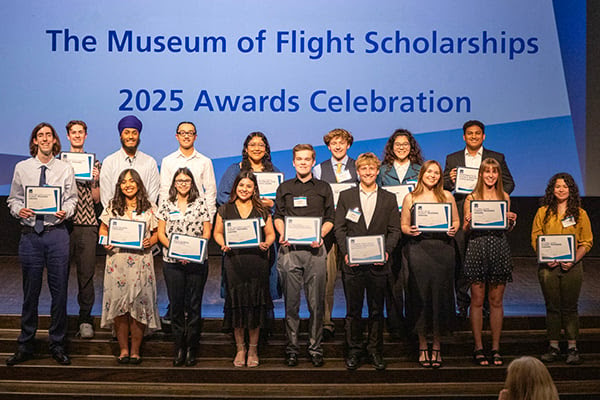 The scholarship recipients proudly showing their awards at the 2025 scholarship ceremony at The Museum of Flight. Sean Mobley The Museum of Flight.