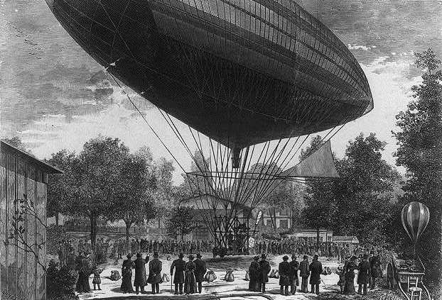 This engraving by E.A. Tilly depicts the Tissandier electric airship