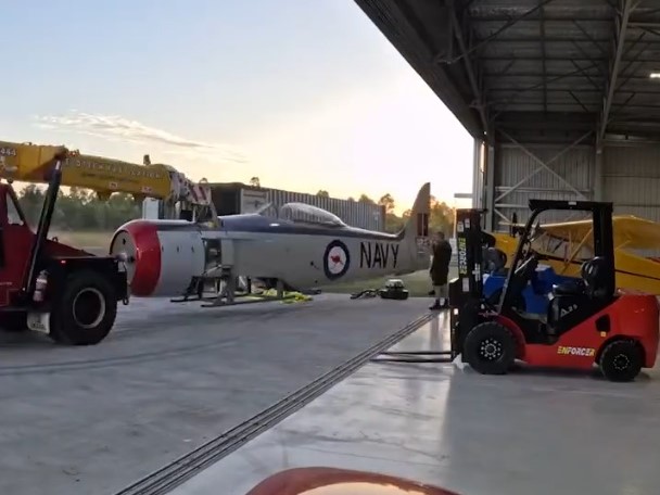 Sea Fury VH-HPB, formerly the Reno racer Sawbones, is unpacked in Australia after purchase by Paul Bennet. [Photo Paul Bennet Airshows via Facebook]